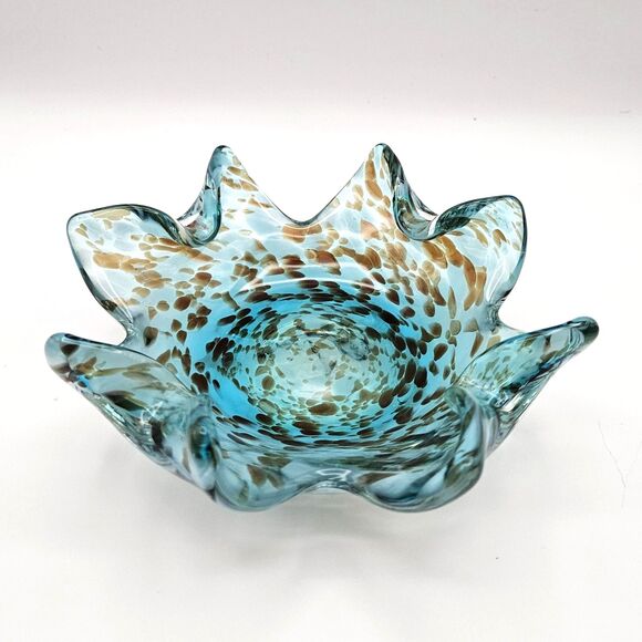 Art Glass Ruffle Bowl Dish Blue Aqua Brown Splatters Murano-like Star Fish - Picture 1 of 12